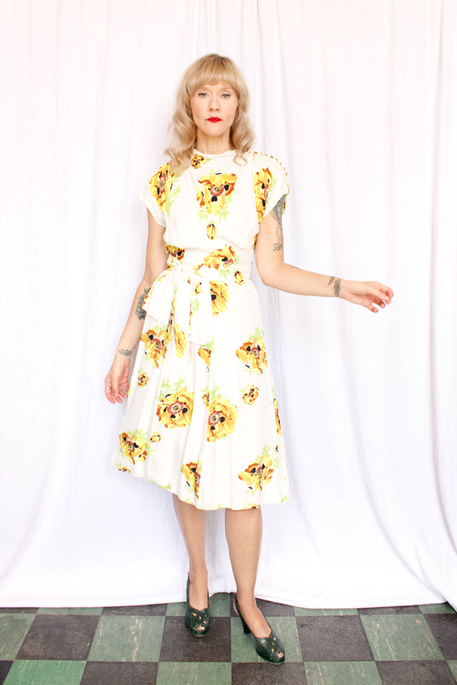 1940s Yellow Floral Rayon Gene Dress - Xsmall