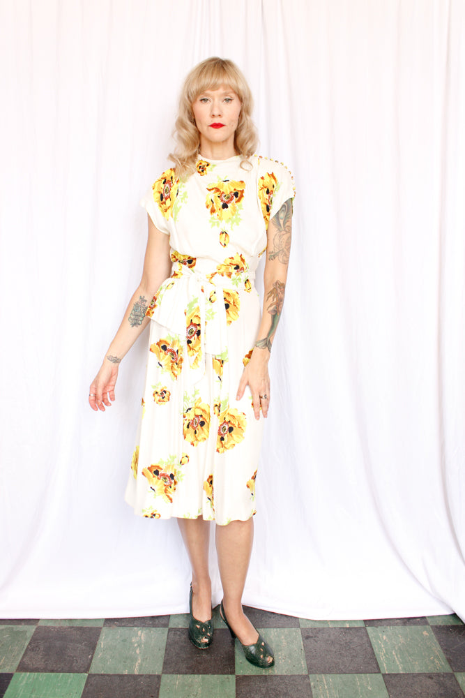 1940s Yellow Floral Rayon Gene Dress - Xsmall