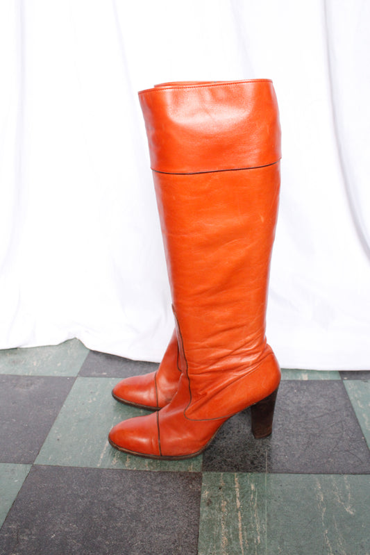 1970s Orange Leather Tall Leather YSL Boots - 8.5M