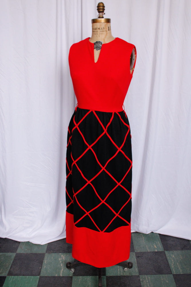 1960s Red & Black Diamond Pattern Maxi Dress - Small