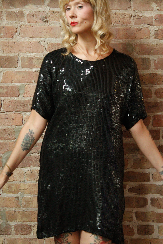 1990s Sequin Black Mini Dress - M/L
