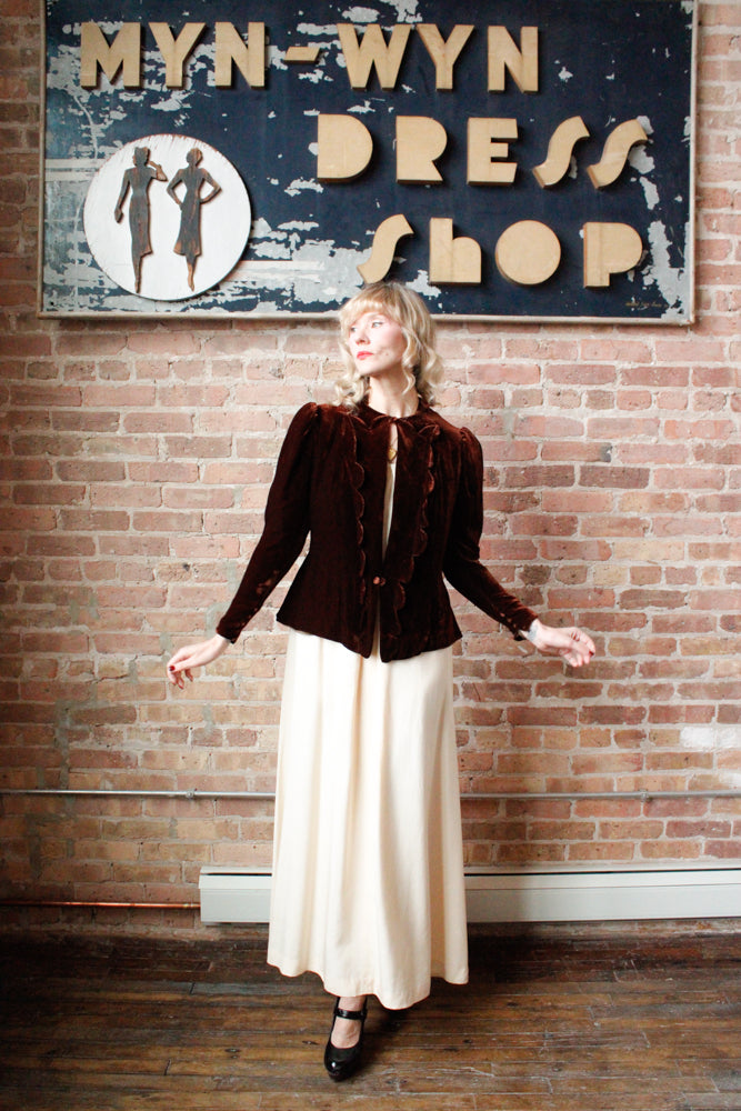 1930s Brown Silk Velvet Jacket - Medium