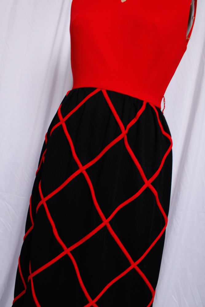 1960s Red & Black Diamond Pattern Maxi Dress - Small