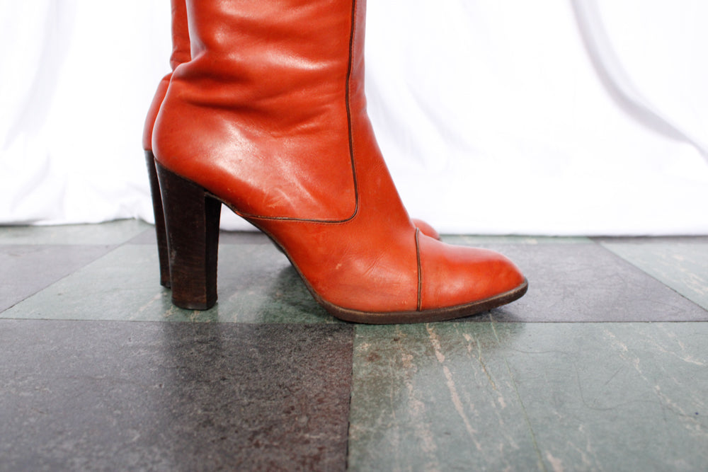 1970s Orange Leather Tall Leather YSL Boots - 8.5M