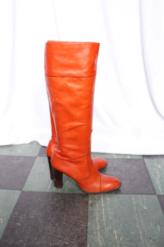 1970s Orange Leather Tall Leather YSL Boots - 8.5M
