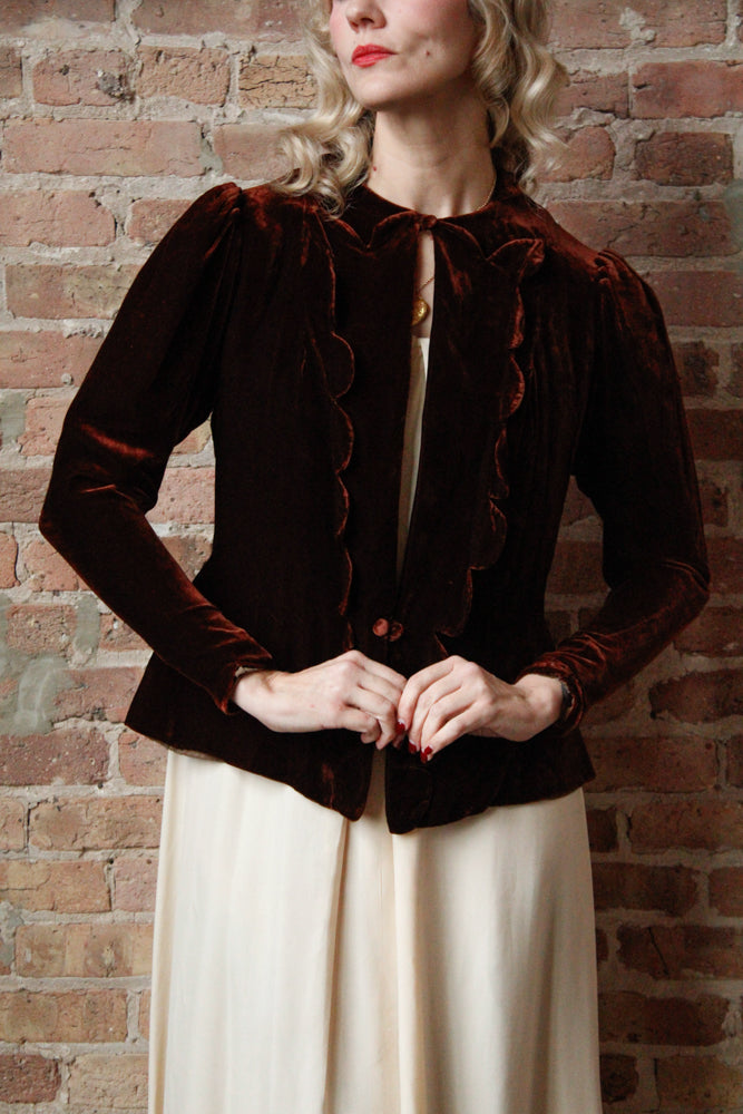 1930s Brown Silk Velvet Jacket - Medium