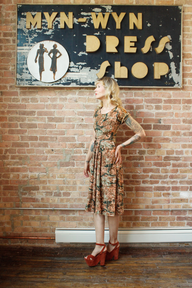 1940s Silk Birds of a Feather Dress - Small