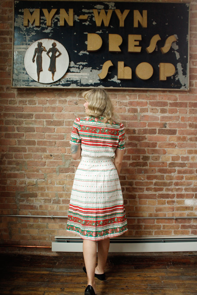 1940s Seersucker Cotton Folk Print Playsuit and Skirt Set - M/L