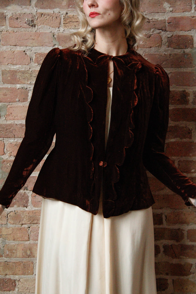 1930s Brown Silk Velvet Jacket - Medium