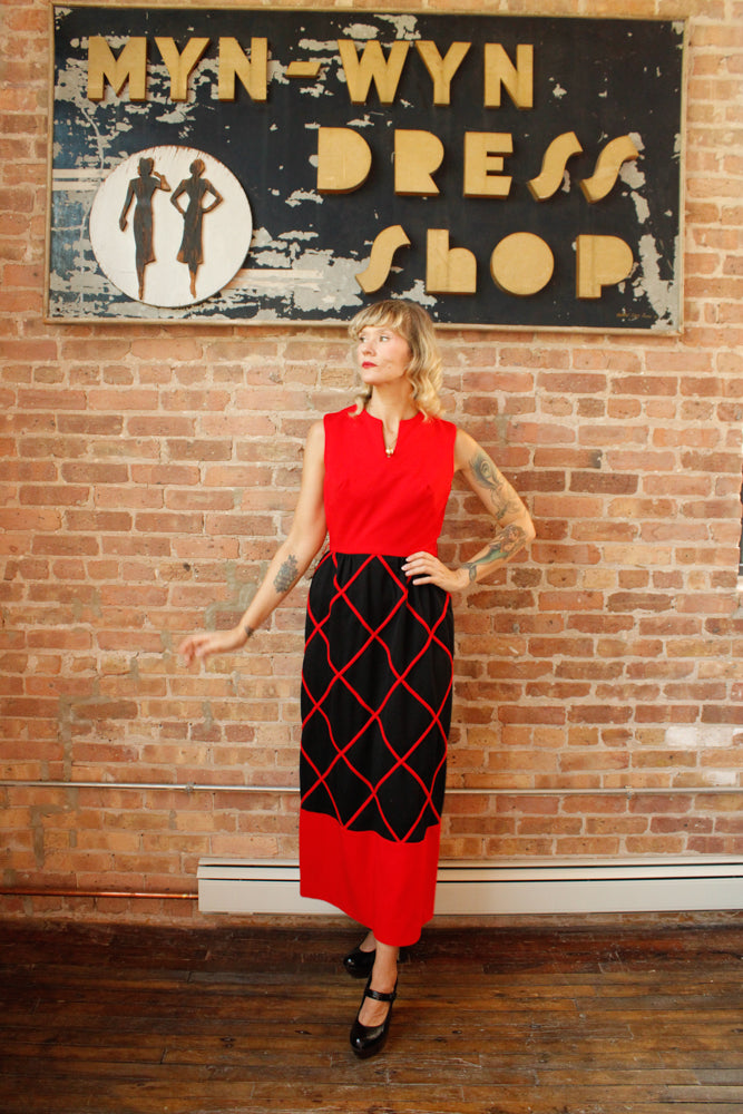 1960s Red & Black Diamond Pattern Maxi Dress - Medium