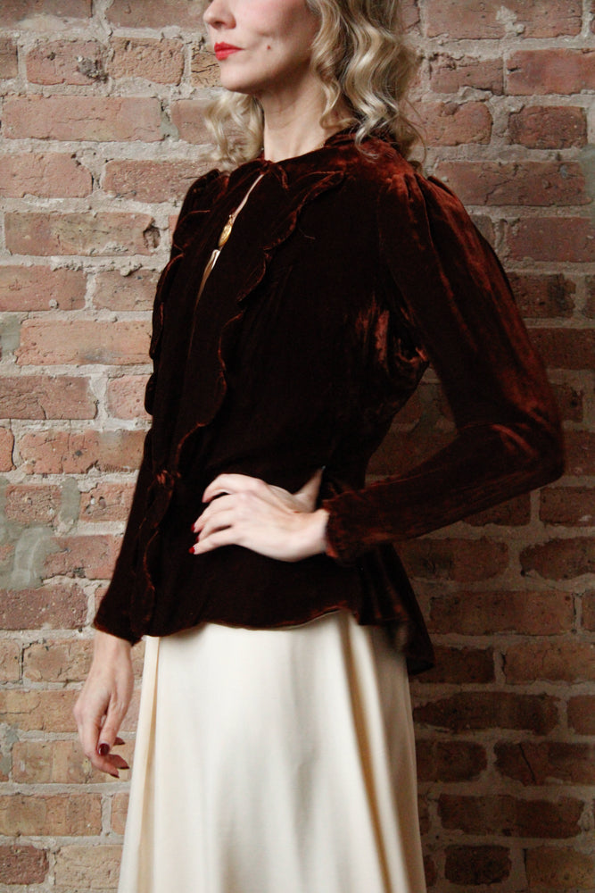 1930s Brown Silk Velvet Jacket - Medium