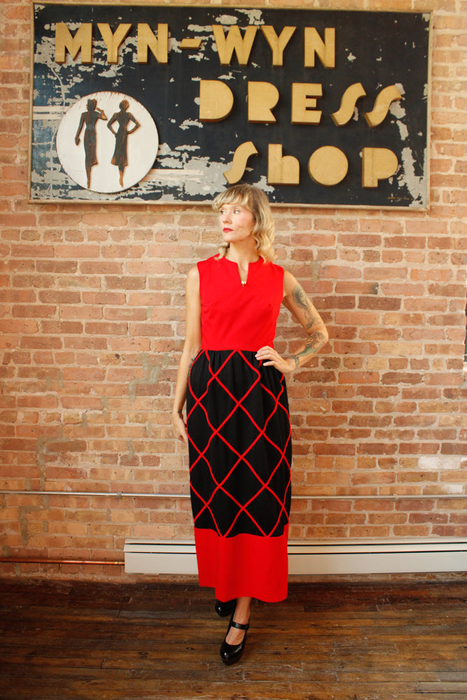 1960s Red & Black Diamond Pattern Maxi Dress - Medium