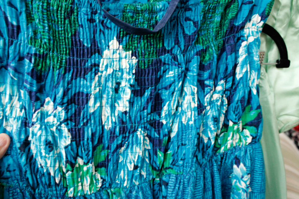 1950s Hawaiian Floral blue Cotton Dress - S/M