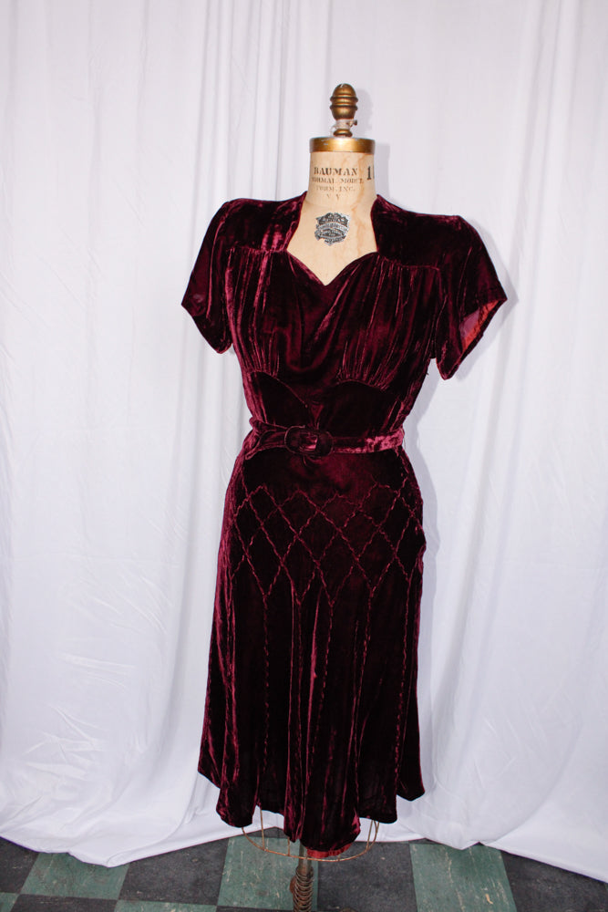 1930s Silk Velvet Bordeaux Dress w/belt - S/M