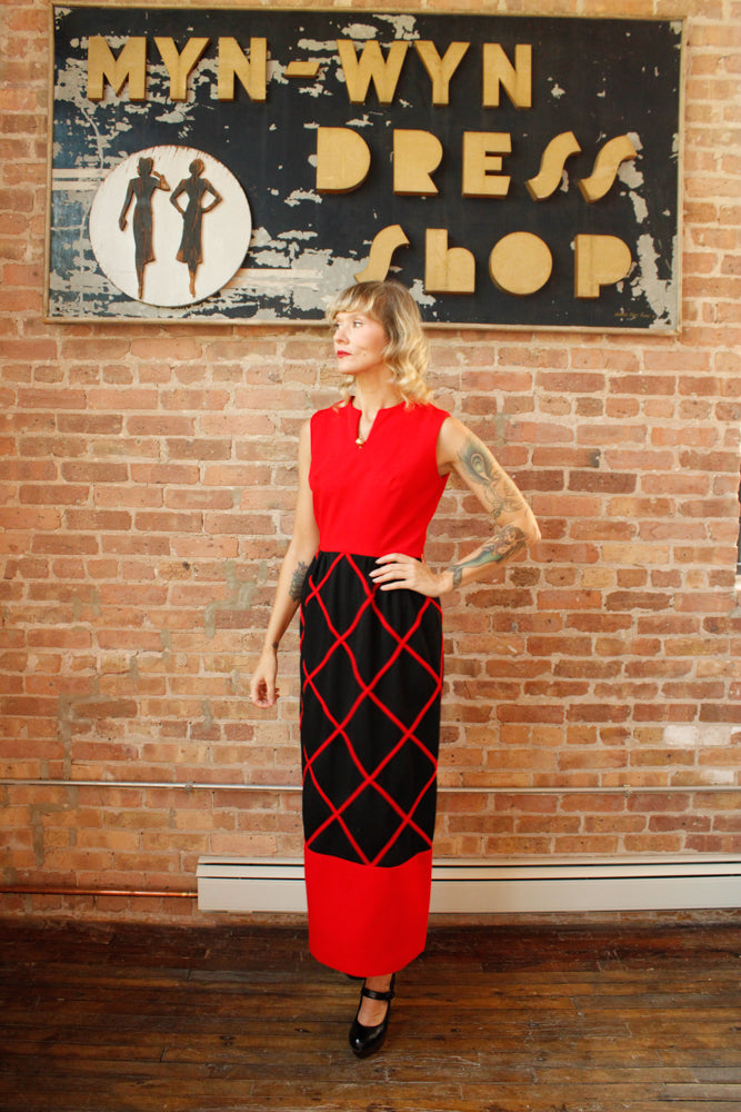 1960s Red & Black Diamond Pattern Maxi Dress - Medium