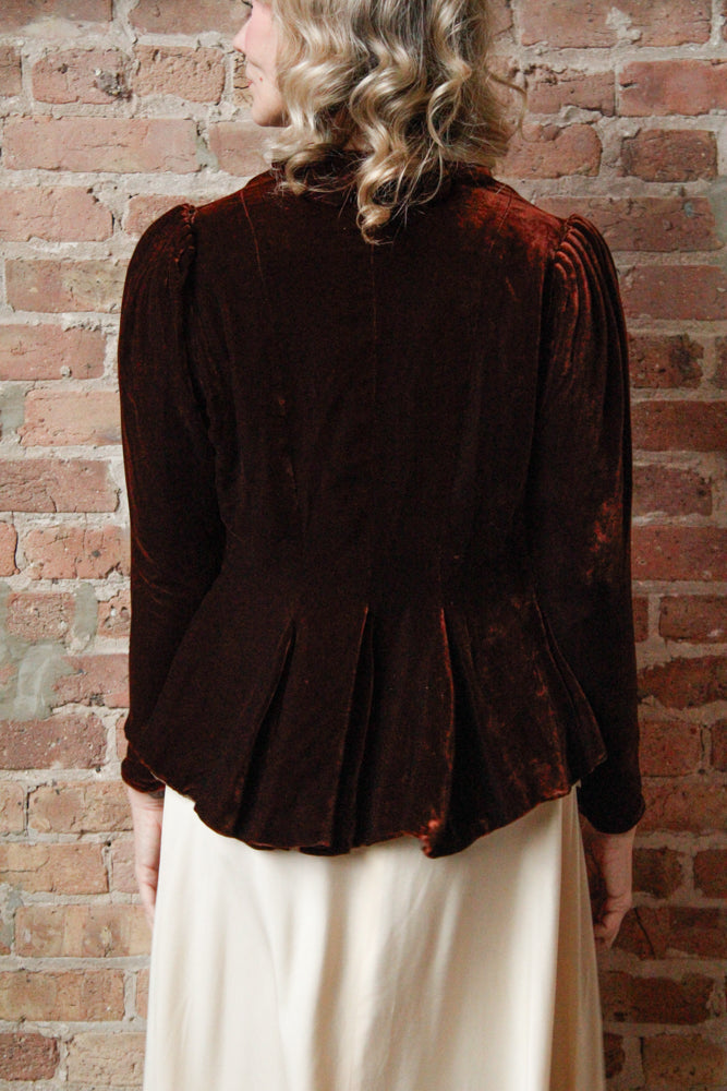 1930s Brown Silk Velvet Jacket - Medium