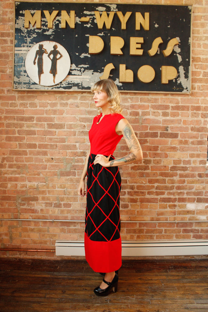 1960s Red & Black Diamond Pattern Maxi Dress - Medium
