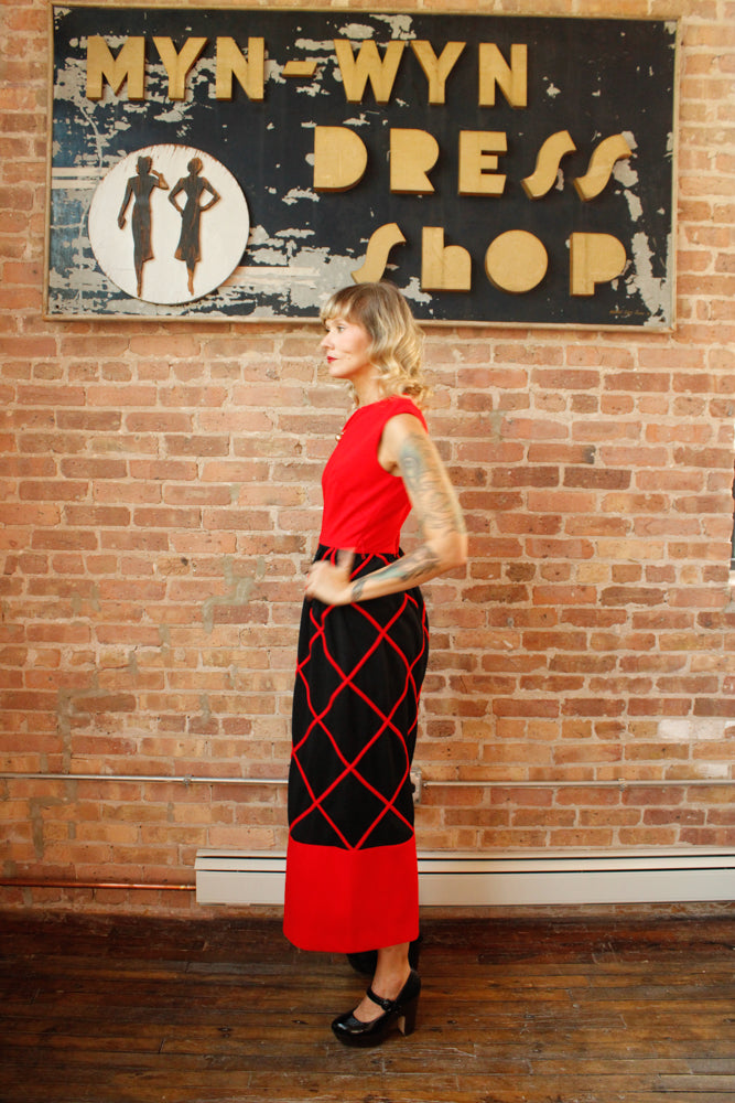 1960s Red & Black Diamond Pattern Maxi Dress - Medium