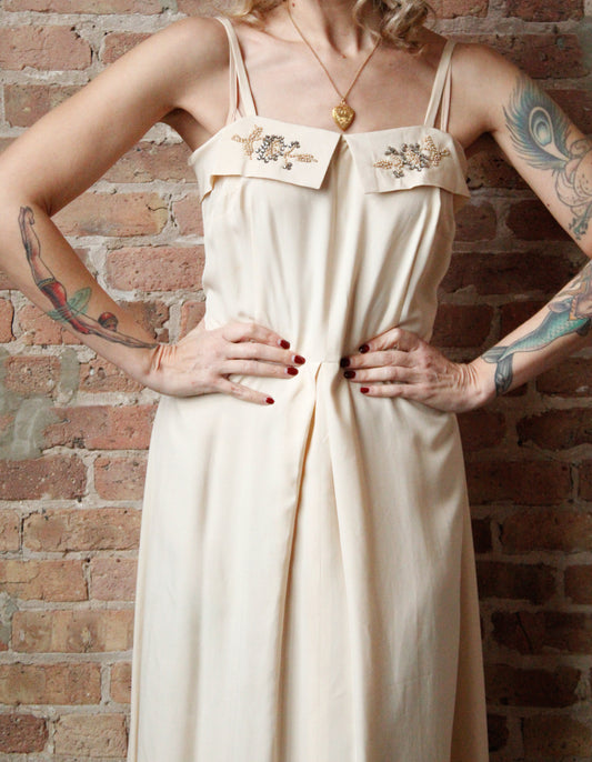 1940s Rayon Ivory Gown with Rhinestones & Pearls Gown - Medium