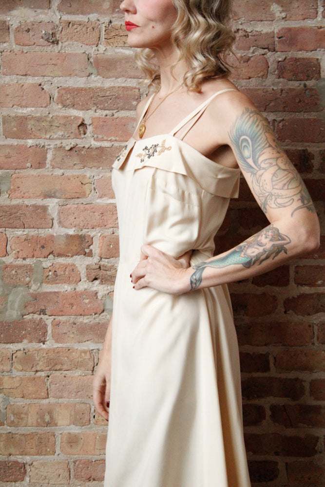 1940s Rayon Ivory Gown with Rhinestones & Pearls Gown - Medium