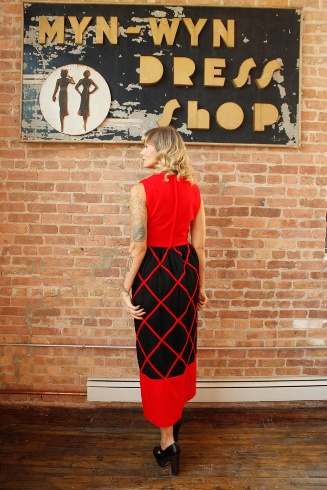 1960s Red & Black Diamond Pattern Maxi Dress - Medium