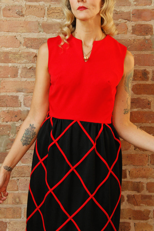 1960s Red & Black Diamond Pattern Maxi Dress - Medium