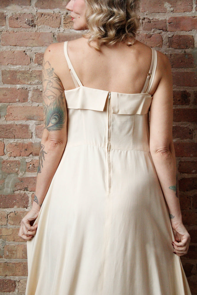 1940s Rayon Ivory Gown with Rhinestones & Pearls Gown - Medium