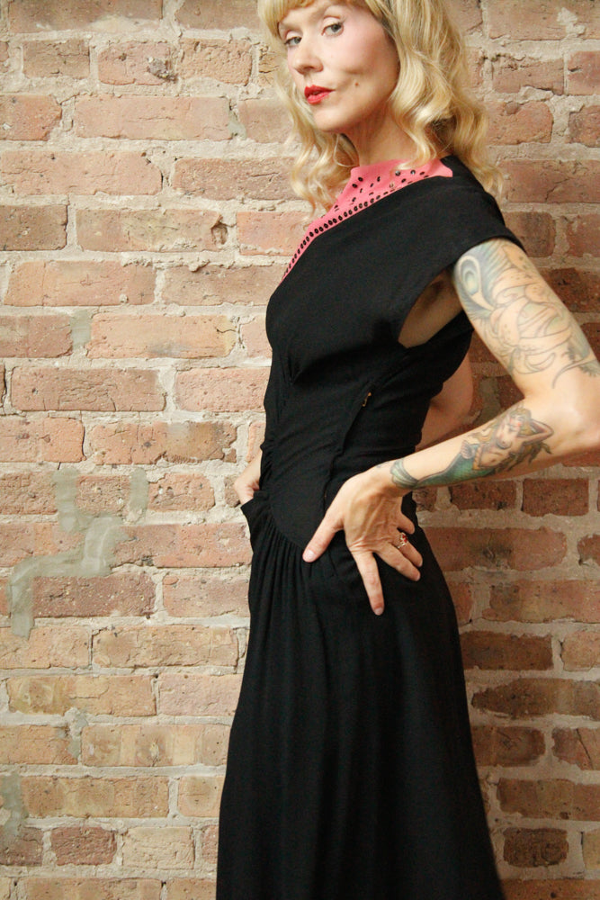1940s Sequin Color Block Crepe Dress - S/M