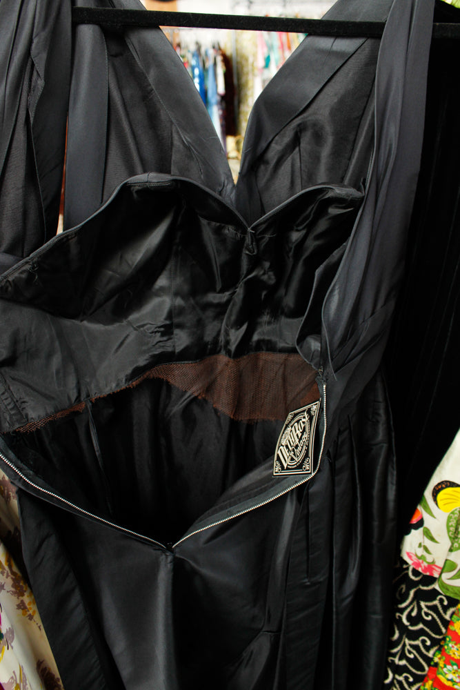Late 40s / Early 50s Dior Style Black Silk Taffeta Sheath Dress long Peplum - Small