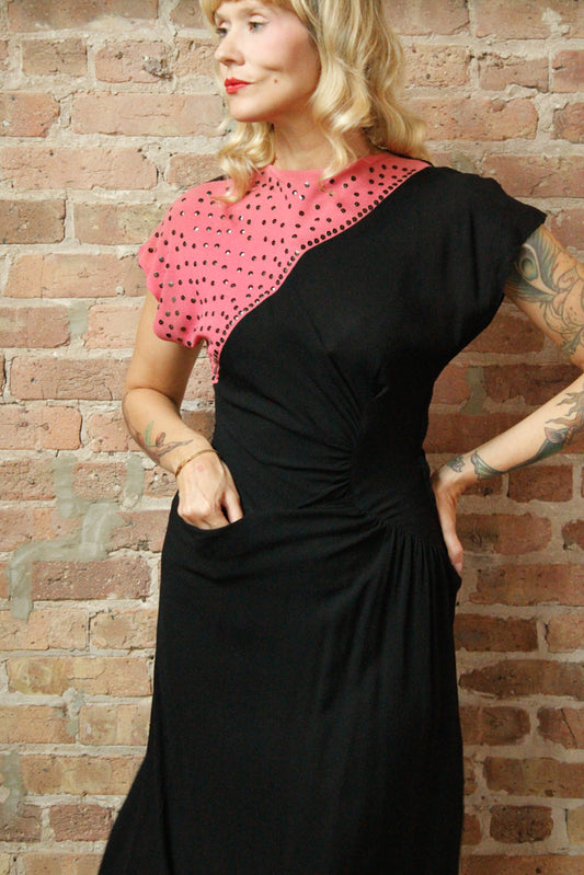 1940s Sequin Color Block Crepe Dress - S/M