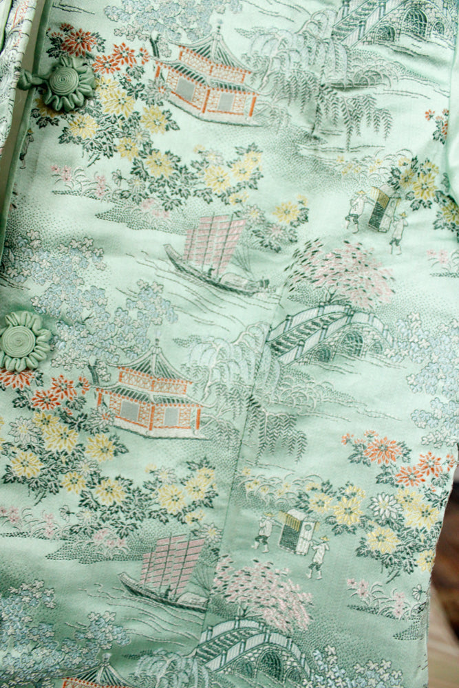 1940s Mint Green Silk Japanese Lounge Pant Suit - Medium