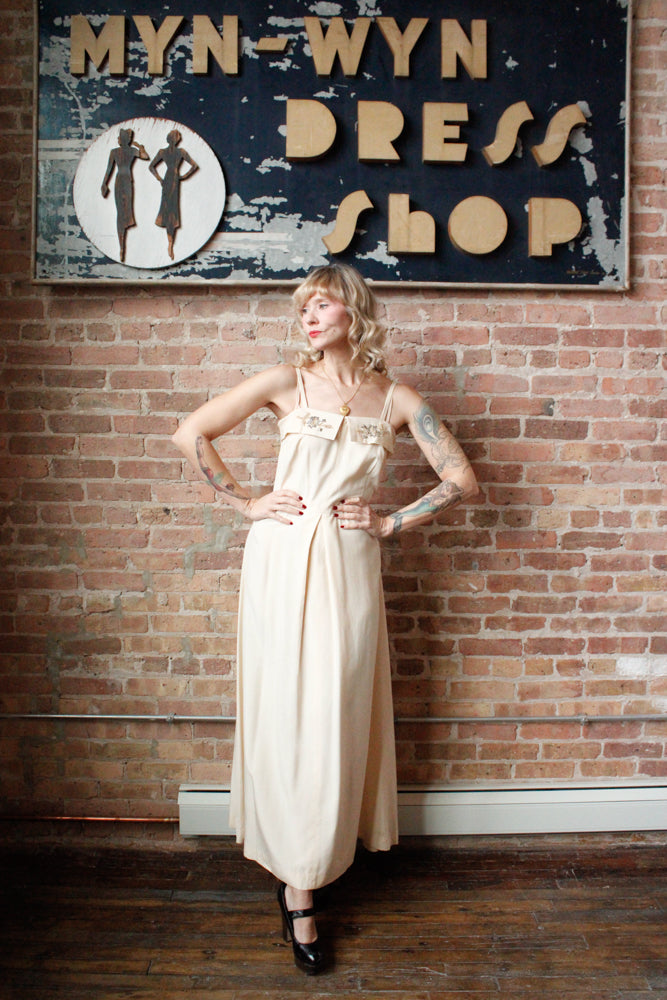 1940s Rayon Ivory Gown with Rhinestones & Pearls Gown - Medium