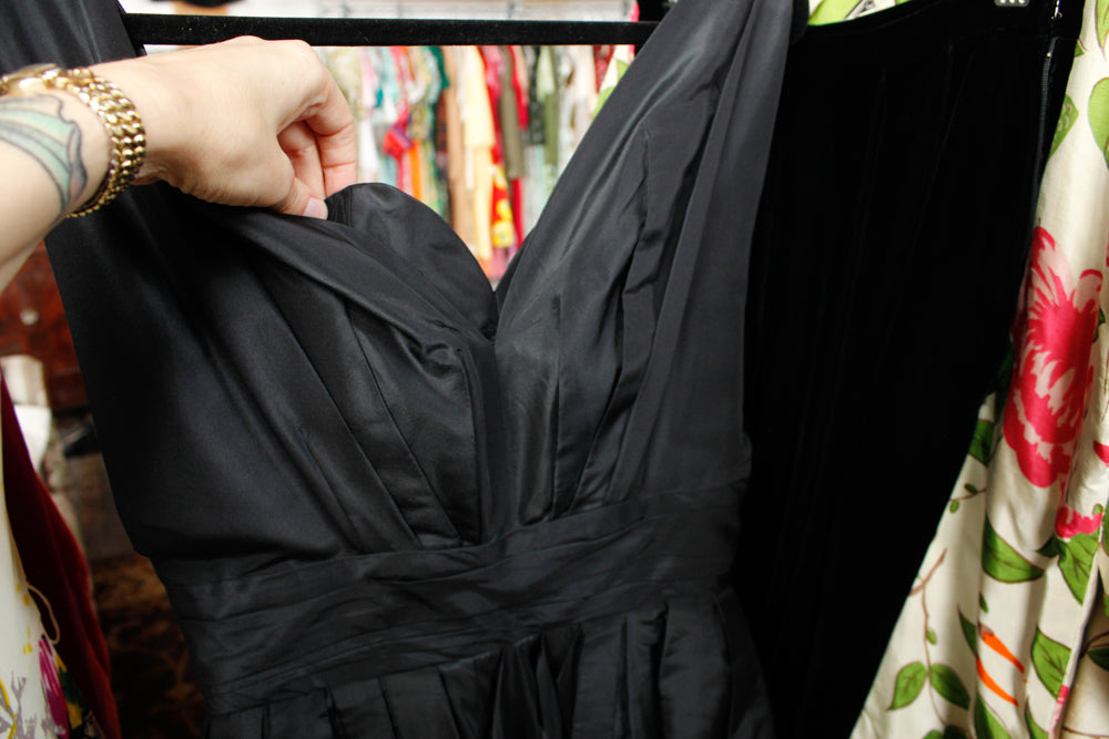 Late 40s / Early 50s Dior Style Black Silk Taffeta Sheath Dress long Peplum - Small