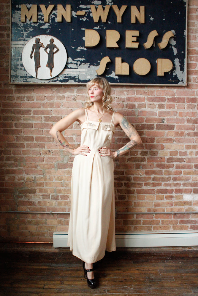 1940s Rayon Ivory Gown with Rhinestones & Pearls Gown - Medium