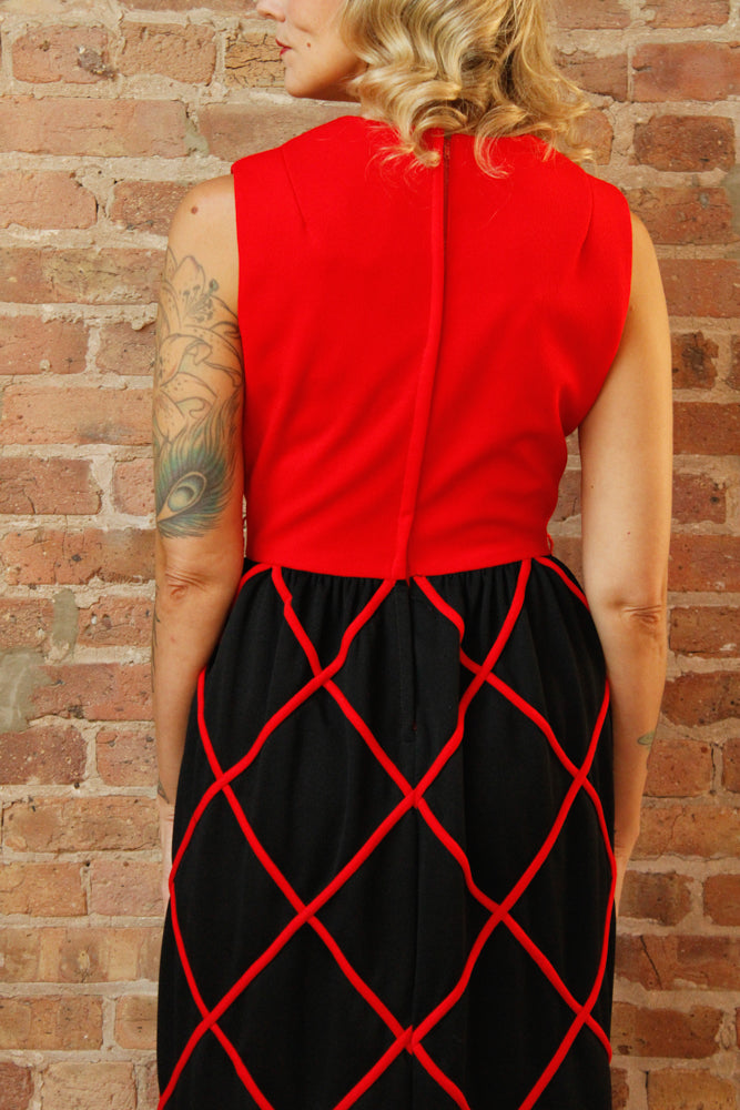 1960s Red & Black Diamond Pattern Maxi Dress - Medium