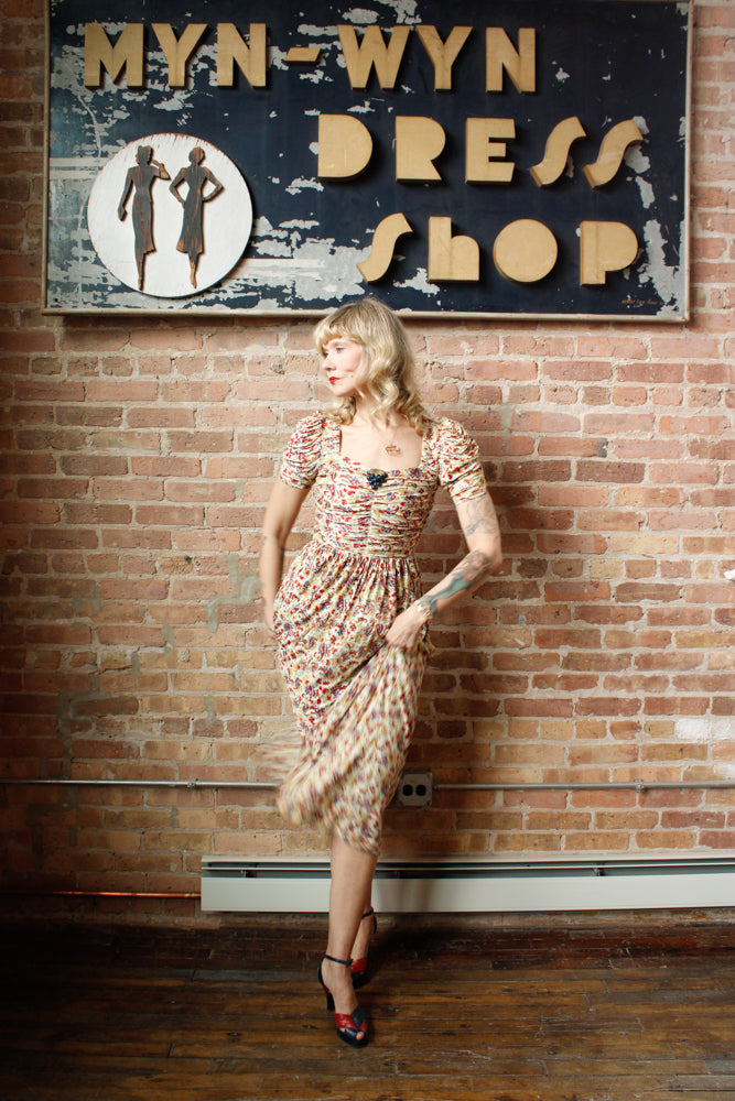1930s Rayon Jersey Floral Gown with Bakelite clip - Xsmall