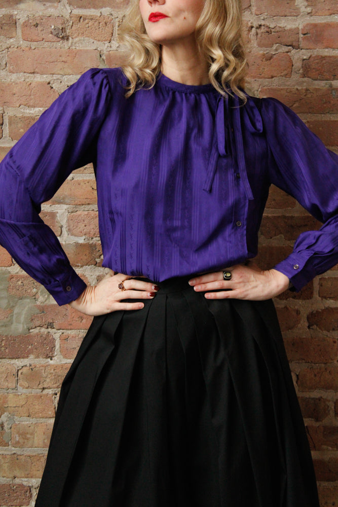 1980s YSL Embossed Logo Purple Blouse - S/M
