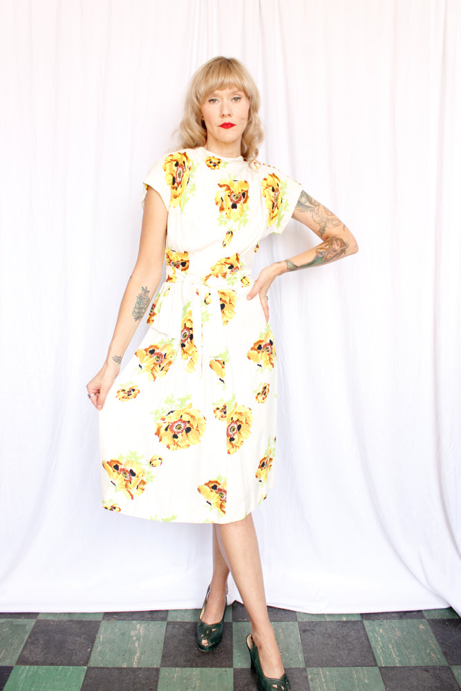 1940s Yellow Floral Rayon Gene Dress - Xsmall