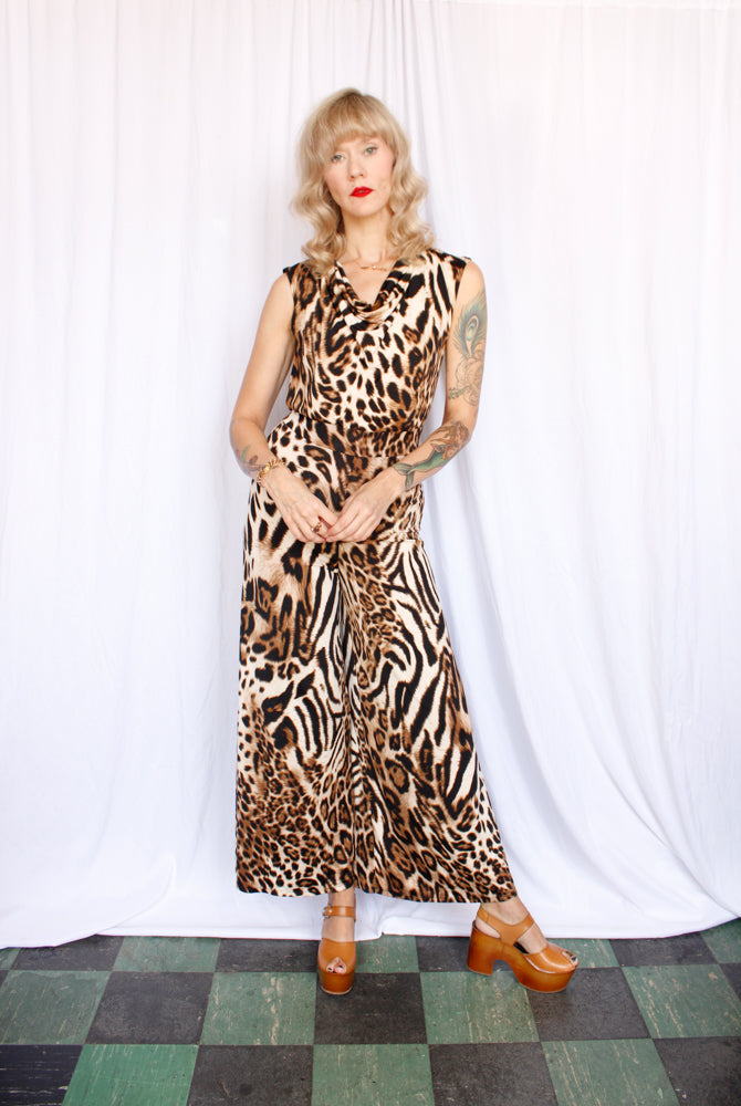 Y2K 2000s Cheetah Print Jersey Jumpsuit - Xs/S