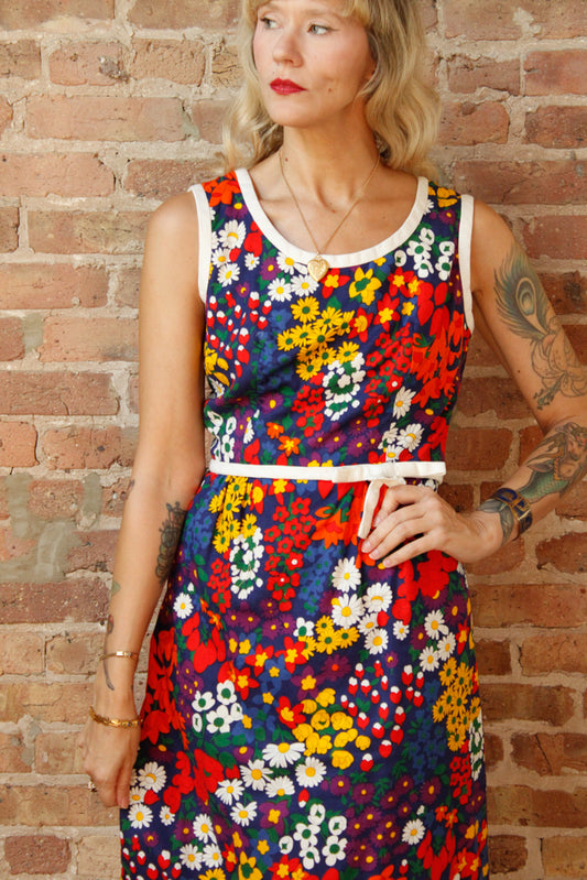 1960s Floral MOD Cotton Dress - Medium