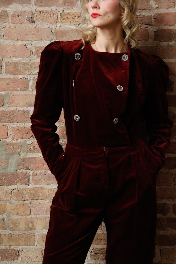 1980s Burgundy Velvet Jumpsuit - Med