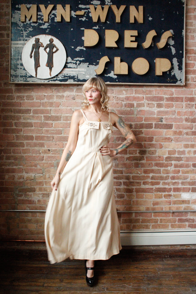 1940s Rayon Ivory Gown with Rhinestones & Pearls Gown - Medium