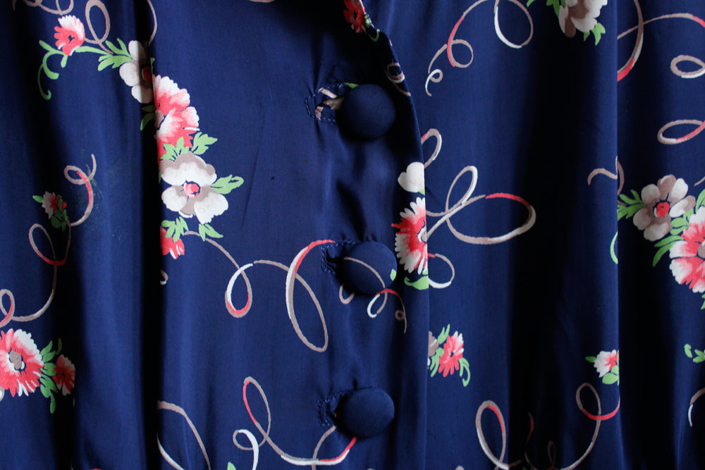 1940s Cold Rayon Floral Dress - Medium