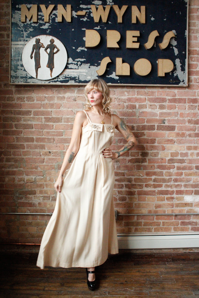 1940s Rayon Ivory Gown with Rhinestones & Pearls Gown - Medium
