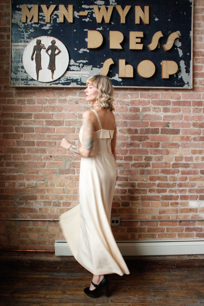 1940s Rayon Ivory Gown with Rhinestones & Pearls Gown - Medium