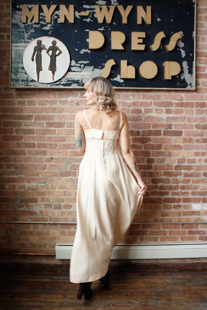 1940s Rayon Ivory Gown with Rhinestones & Pearls Gown - Medium