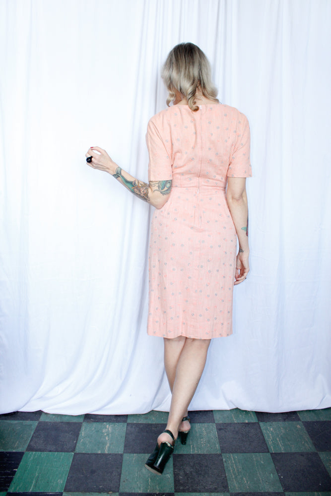 1950s Pink Embroidered Sheath Dress - Small