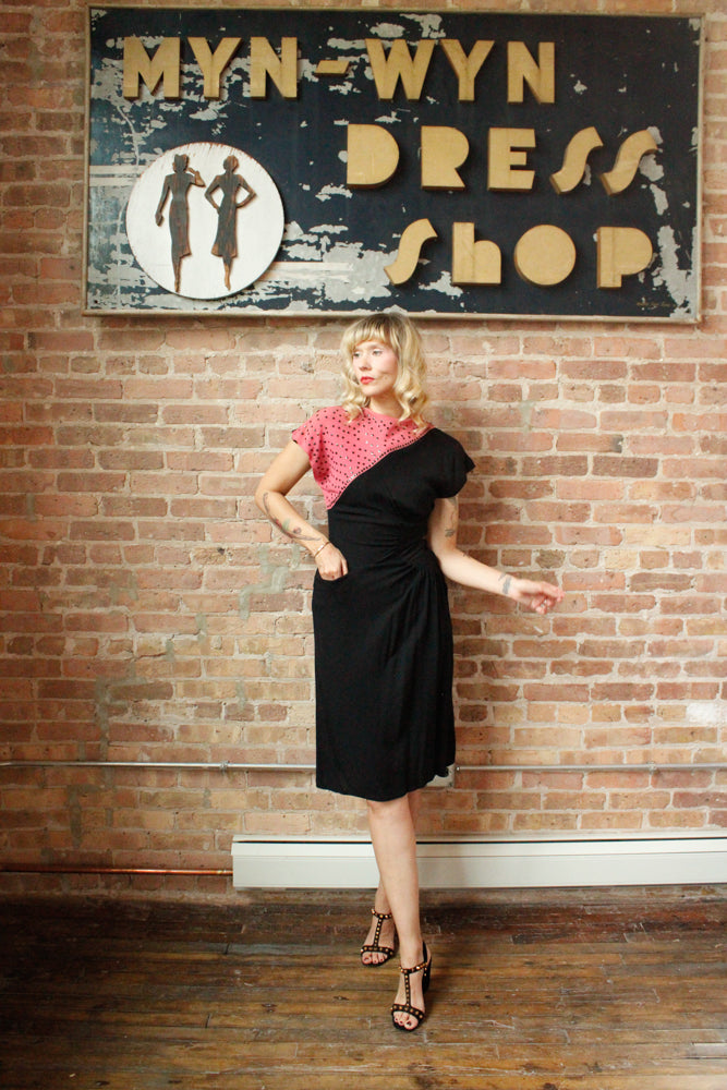 1940s Sequin Color Block Crepe Dress - S/M