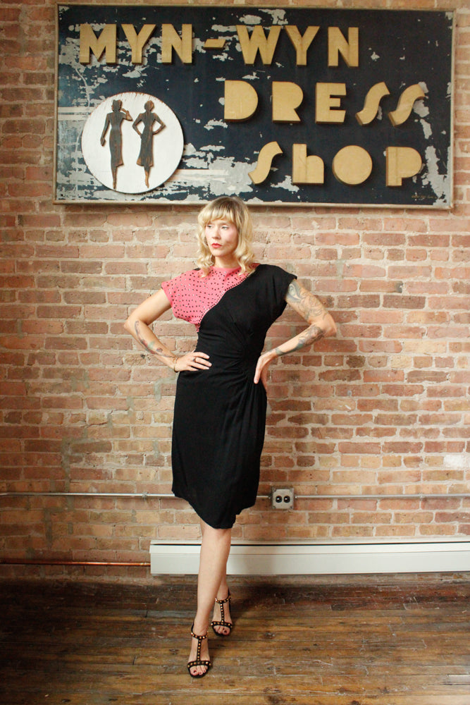 1940s Sequin Color Block Crepe Dress - S/M