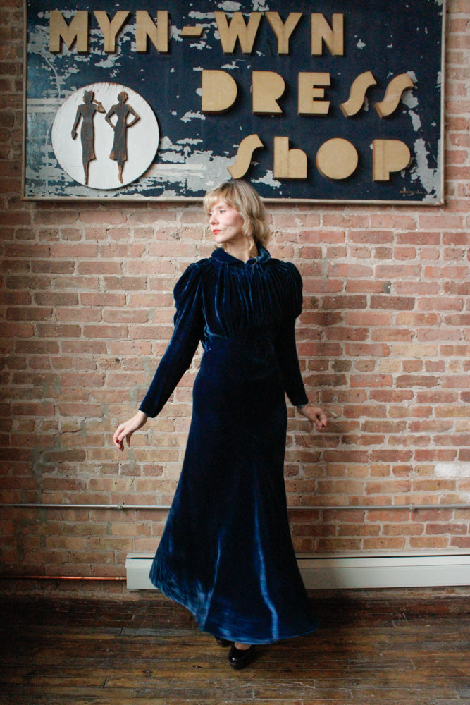 1930s Sapphire Long Sleeve Silk Velvet Gown - S/M